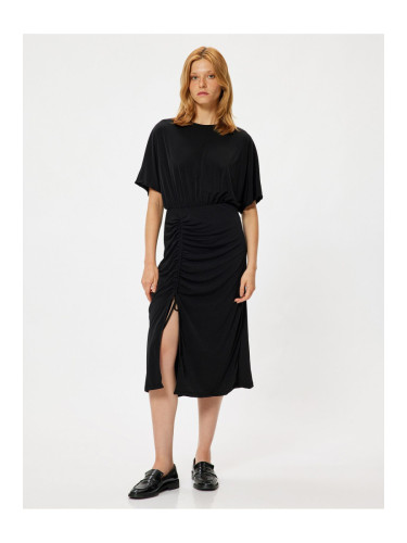 Koton Midi Dress Short Sleeve Round Neck Gathered Slit Detail