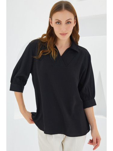 Bigdart Women's Black Shirt Collar Satin Blouse 0493