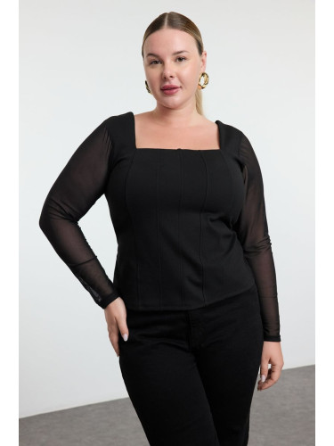 Trendyol Curve Black Bodycone Tulle Detailed Knitted Stylish Blouse