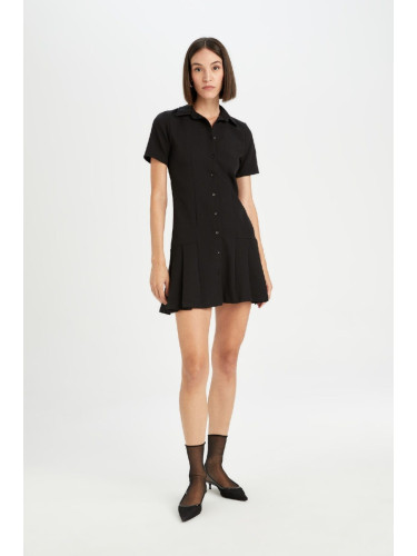 DEFACTO Polo Neck Basic Plain Short Sleeve Pleated Mini Dress