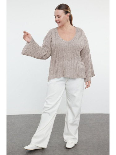 Trendyol Curve Stone V Neck Ribbed Knitwear Sweater