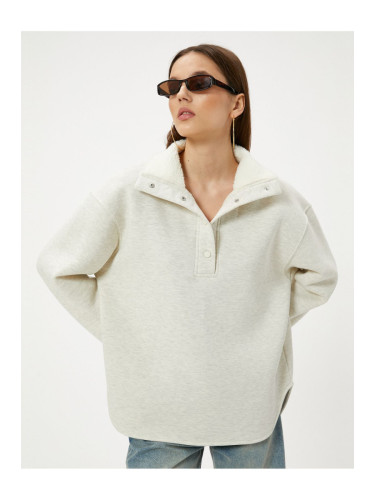 Koton Oversize Sweatshirt with Plush Detail on the Collar, Stand-up Collar, Snap Buttons