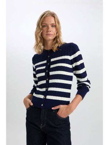 DEFACTO Regular Fit Striped Crew Neck Button Closure Knitwear Cardigan