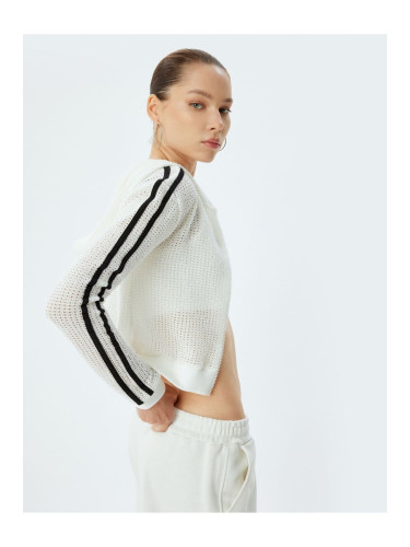 Koton Crop Sweatshirt Zippered Openwork Hooded Stripe Detail