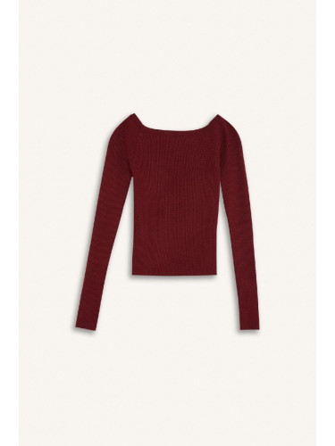 DEFACTO Fitted Open Shoulder Basic Plain Burgundy Knitwear Sweater