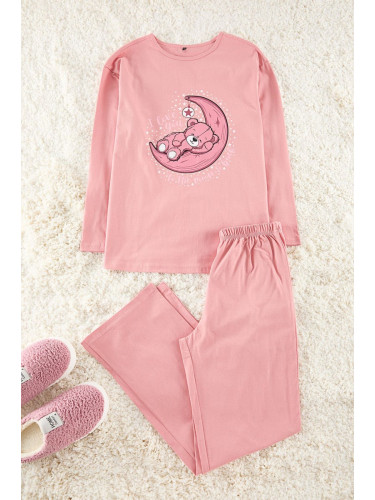 Trendyol Dusty Rose 100% Cotton Teddy Bear and Galaxy Printed Knitted Pajama Set