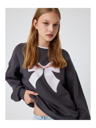 Koton Oversize Sweatshirt Bow Printed Crew Neck Raised