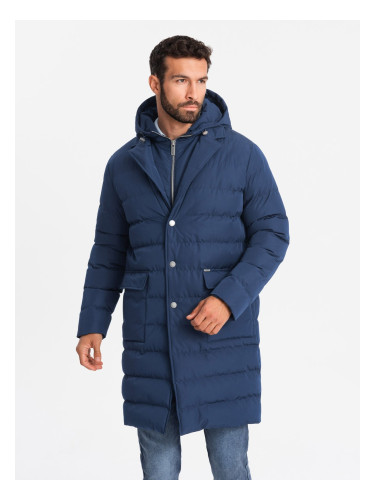 Ombre Men's long quilted jacket with lapels and lining - dark blue