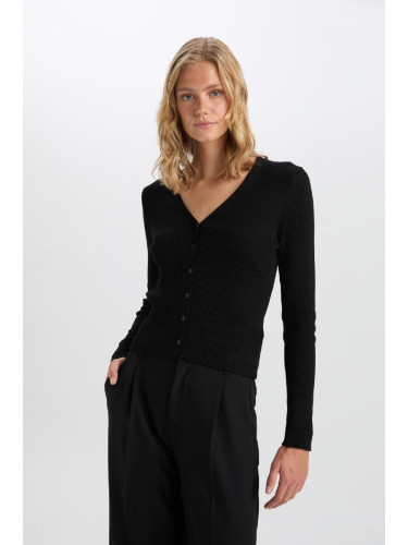 DEFACTO Fitted V Neck Basic Plain Button Closure Ribbed Black Cardigan