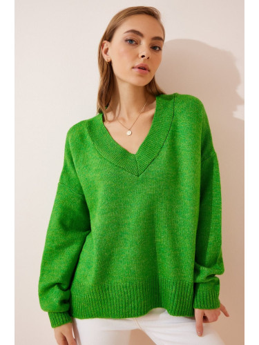 Happiness İstanbul Women's Light Green V-Neck Oversize Knitwear Sweater