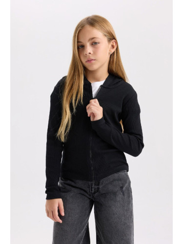 DEFACTO Girl's Hooded Ribbed Zippered Black Camisole Cardigan