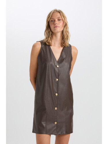 DEFACTO A-Line V-Neck Basic Straight Button Closure Faux Leather Sleeveless Mini Dress