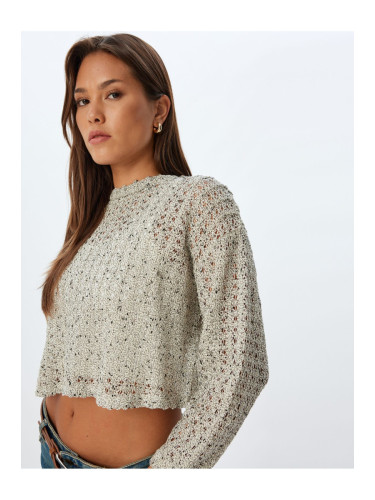 Koton Openwork Crop Sweater Long Sleeve Crew Neck