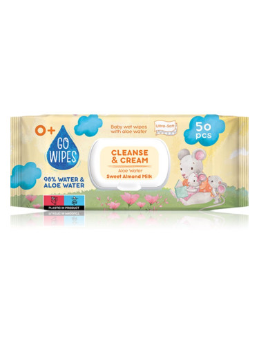 GoWipes Cleanse & Cream Sweet Almond Milk нежни мокри кърпички за бебета за чувствителна кожа алое вера 0+ 50 бр.