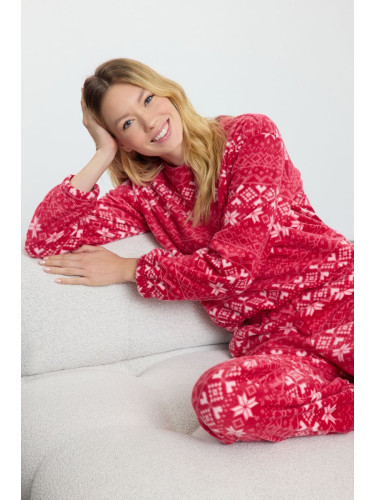 Trendyol Red Printed Fleece Knitted Pajama Set