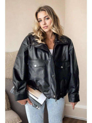 61605 Dewberry Double Pocket PU Women Jacket-BLACK