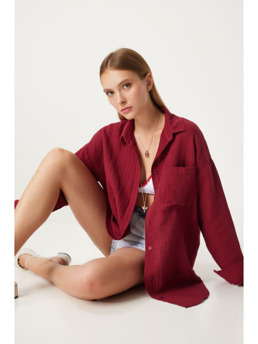 Happiness İstanbul Women's Claret Red Oversize Basic Muslin Shirt