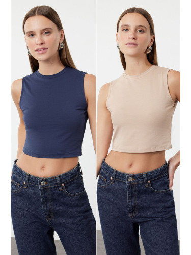 Trendyol Mink-Indigo 2 Pack Sleeveless Crop Cotton Stretchy Knitted Undershirt