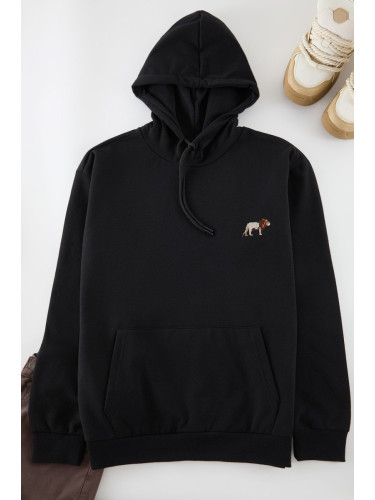 Trendyol Black Oversize/Wide Cut Lion Embroidered Fleece Inside Hooded Sweatshirt