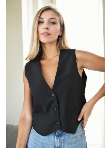 90619 Dewberry Pocket Detailed 3 Button Lined Women Vest-BLACK