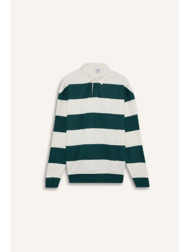 DEFACTO Boxy Fit Polo Collar Striped Sweatshirt