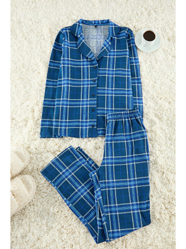 Trendyol Navy Blue 100% Cotton Plaid Knitted Pajama Set