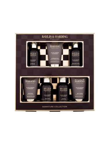 Baylis & Harding For Him Black Pepper & Ginseng Signature Collection Подаръчен комплект душ гел 2 x 100 ml + шампоан 100 ml + душ гел за тяло и коса 100 ml + балсам за след бръснене 50 ml + почистващ гел за лице 50 ml + лосион за тяло 50 ml увредена кутия