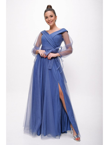 By Saygı Dark Blue Laced Balloon Sleeve Tulle Long Evening Dress