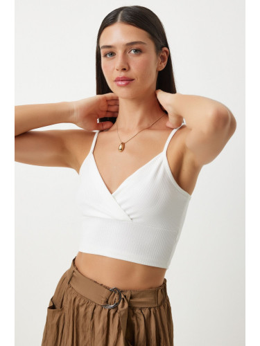 Happiness İstanbul Women's White Straps Crop Knitted Bustier