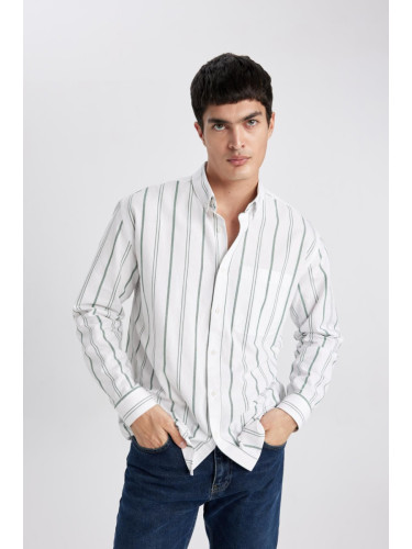 DEFACTO Relax Fit Polo Neck Striped Oxford Long Sleeve Shirt