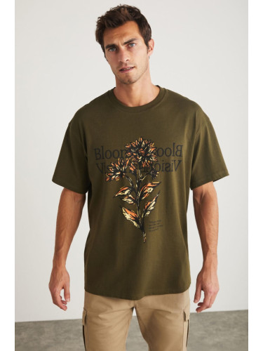 GRIMELANGE Sneill Men's Crew Neck 100% Cotton Printed Khaki T-shir