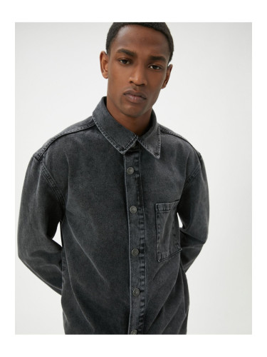 Koton Washed Denim Shirt Jacket Long Sleeve Single Pocket Detailed Classic Collar Cotton