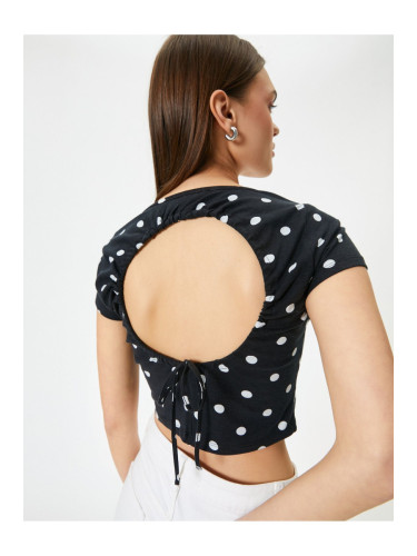 Koton Low-cut Back Polka Dot T-Shirt Crop Bow Detail