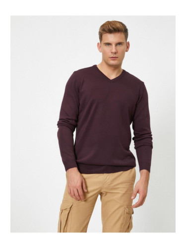 Koton Men's Purple V-Neck Long Sleeve Knitwear Sweater