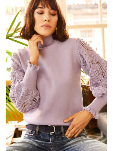 Olalook Women's Lilac Sleeve Detailed Soft Textured Knitwear Sweater