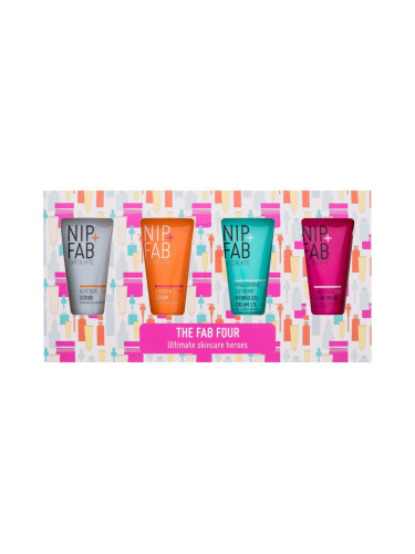 NIP+FAB The Fab Four Ultimate Skincare Heroes Подаръчен комплект пилинг за лице Exfoliate Glycolic Fix Scrub 20 ml + серум за лице Illuminate Vitamin C Fix Serum 20 ml + гел крем за лице Hydrate Hyaluronic Fix Extreme Hybrid Gel Cream 2% 20 ml + маска за лице Purify Salicylic Fix Clay Mask 20 ml