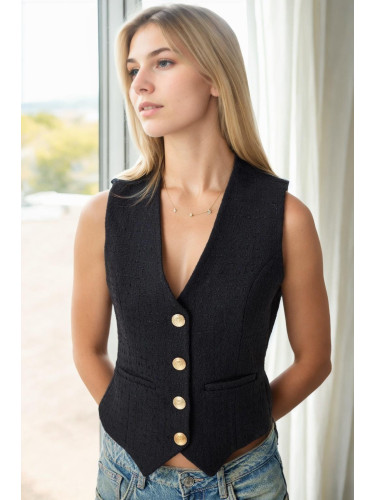 32534 Dewberry Metal Button Detailed Tweed Women Vest-BLACK