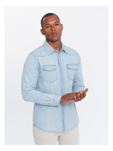 Ombre Men's denim snap shirt with pockets - light blue