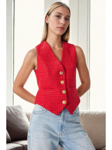 32534 Dewberry Metal Button Detailed Tweed Women Vest-RED