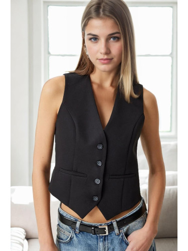 10202 Dewberry Crop Woven Women Vest-BLACK