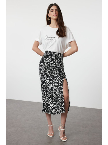 Trendyol Black Zebra Patterned Textured Slit Gathered Flexible Midi Knitted Skirt