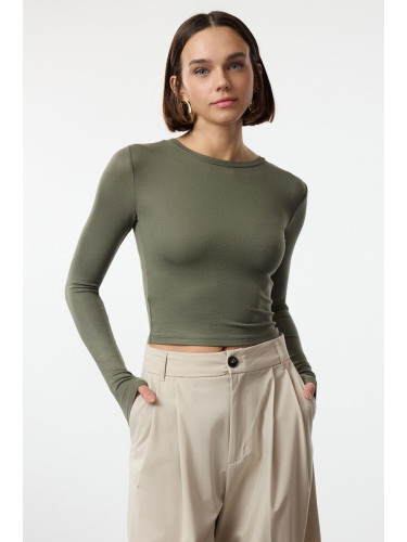 Trendyol Khaki Premium Viscose Crew Neck Crop Stretchy Knitted Blouse