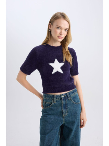 DEFACTO Coool Fitted Crew Neck Star Printed Short Sleeve Plush Sweater