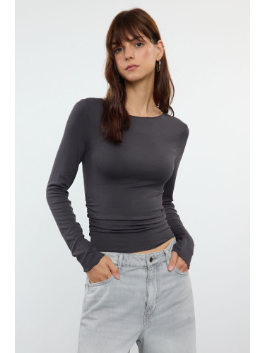 Trendyol Anthracite Fitted/Fits the Body Gathered/Drape Detailed Boat Neck Flexible Knitted Blouse