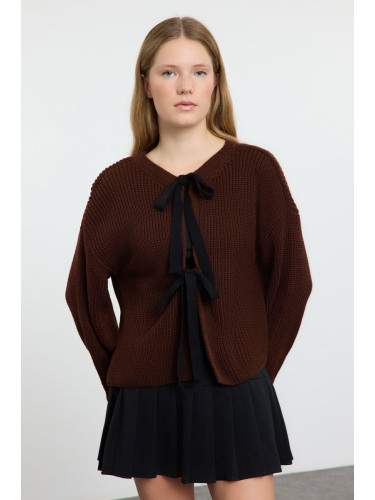 Trendyol Brown Crop Double-Sided Wearable Ribbon/Bow Tie Detailed Knitwear Sweater