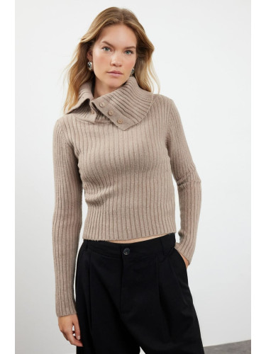 Trendyol Mink Soft Texture Crop Boat Neck Detail Knitwear Sweater