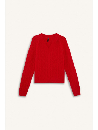 DEFACTO Relax Fit V Neck Hair Knitted Sweater Red Sweater