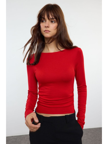 Trendyol Red Fitted/Fits the Body Gathered/Drape Detailed Boat Neck Flexible Knitted Blouse