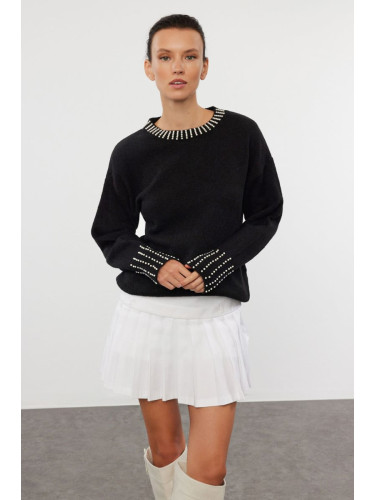 Trendyol Black Soft Textured Stone Embroidered Knitwear Sweater