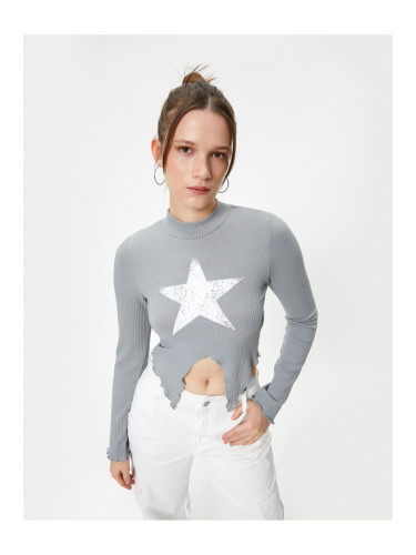 Koton High Neck Crop T-Shirt Asymmetric Cut Long Sleeve Star Print Detailed Ribbed